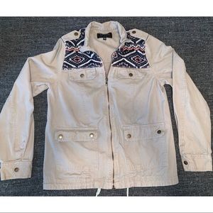 Boutique: Tan thin jacket w/ collar, Aztec design